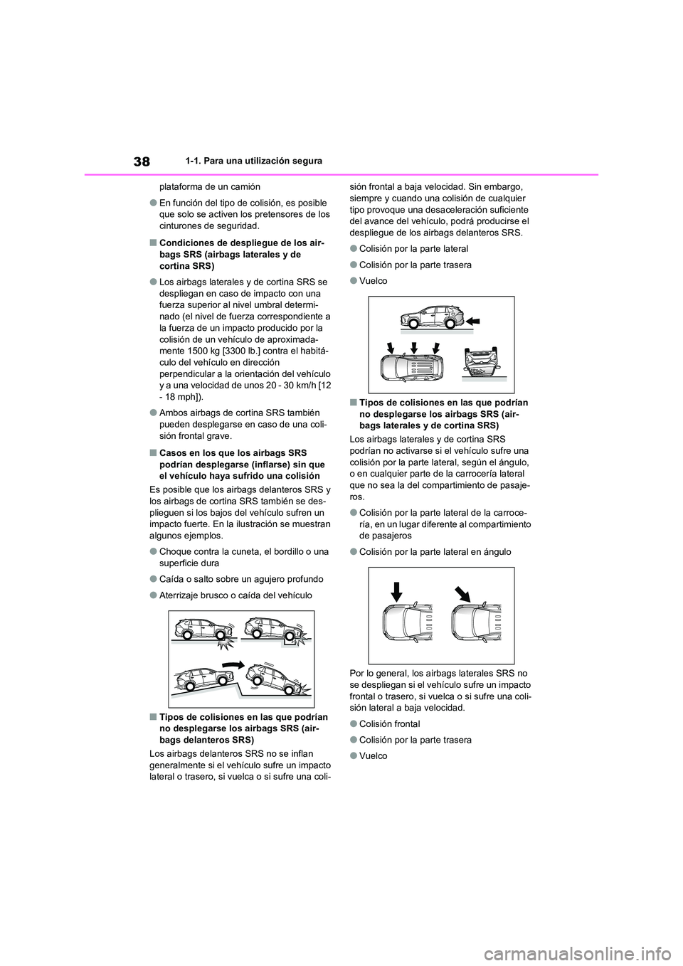 TOYOTA RAV4 2021 Manual del propietario (in Spanish) 381-1. Para una utilización segura
plataforma de un camión
●En función del tipo de colisión, es posible
que solo se activen los pretensores de los cinturones de seguridad.
■Condiciones de TOYOTA RAV4 2021 Manual del propietario (in Spanish) 381-1. Para una utilización segura
plataforma de un camión
●En función del tipo de colisión, es posible
que solo se activen los pretensores de los cinturones de seguridad.
■Condiciones de