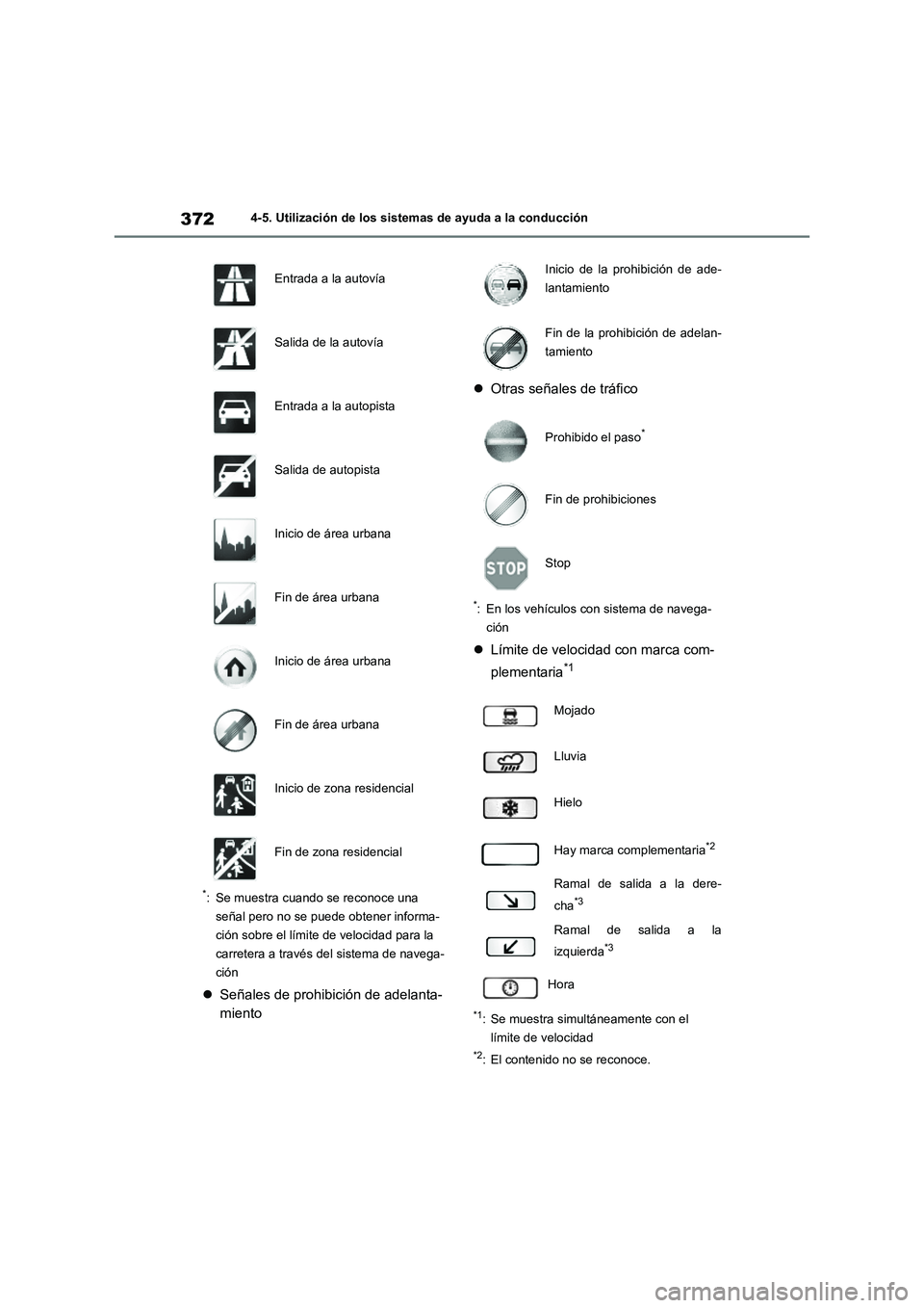 TOYOTA RAV4 2021 Manual del propietario (in Spanish) 3724-5. Utilización de los sistemas de ayuda a la conducción
*: Se muestra cuando se reconoce una
señal pero no se puede obtener informa-
ción sobre el límite de velocidad para la
carretera a t TOYOTA RAV4 2021 Manual del propietario (in Spanish) 3724-5. Utilización de los sistemas de ayuda a la conducción
*: Se muestra cuando se reconoce una
señal pero no se puede obtener informa-
ción sobre el límite de velocidad para la
carretera a t