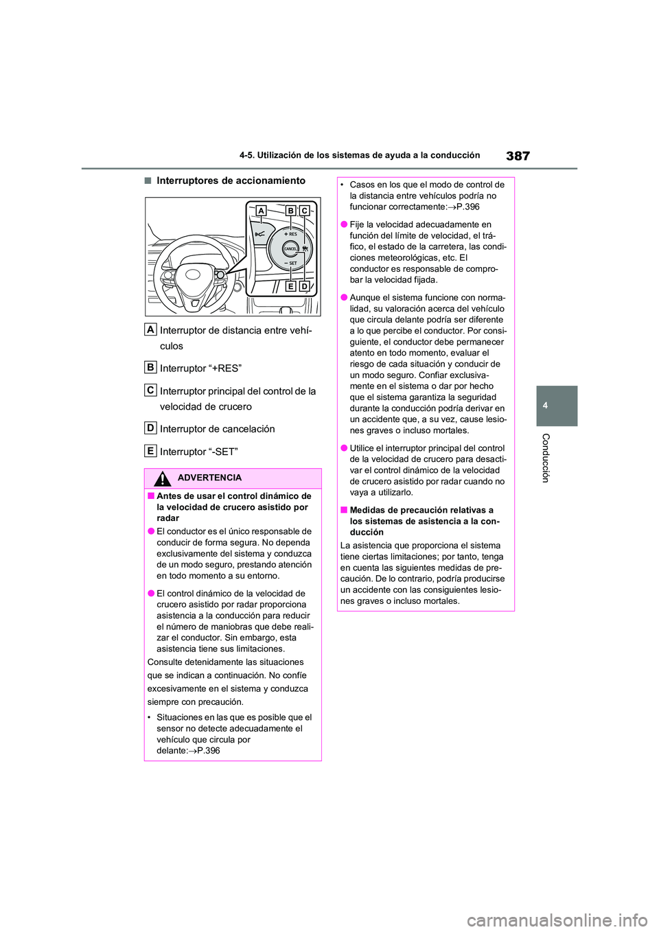 TOYOTA RAV4 2021 Manual del propietario (in Spanish) 387
4
4-5. Utilización de los sistemas de ayuda a la conducción
Conducción
■Interruptores de accionamiento
Interruptor de distancia entre vehí-
culos
Interruptor “+RES”
Interruptor prin TOYOTA RAV4 2021 Manual del propietario (in Spanish) 387
4
4-5. Utilización de los sistemas de ayuda a la conducción
Conducción
■Interruptores de accionamiento
Interruptor de distancia entre vehí-
culos
Interruptor “+RES”
Interruptor prin