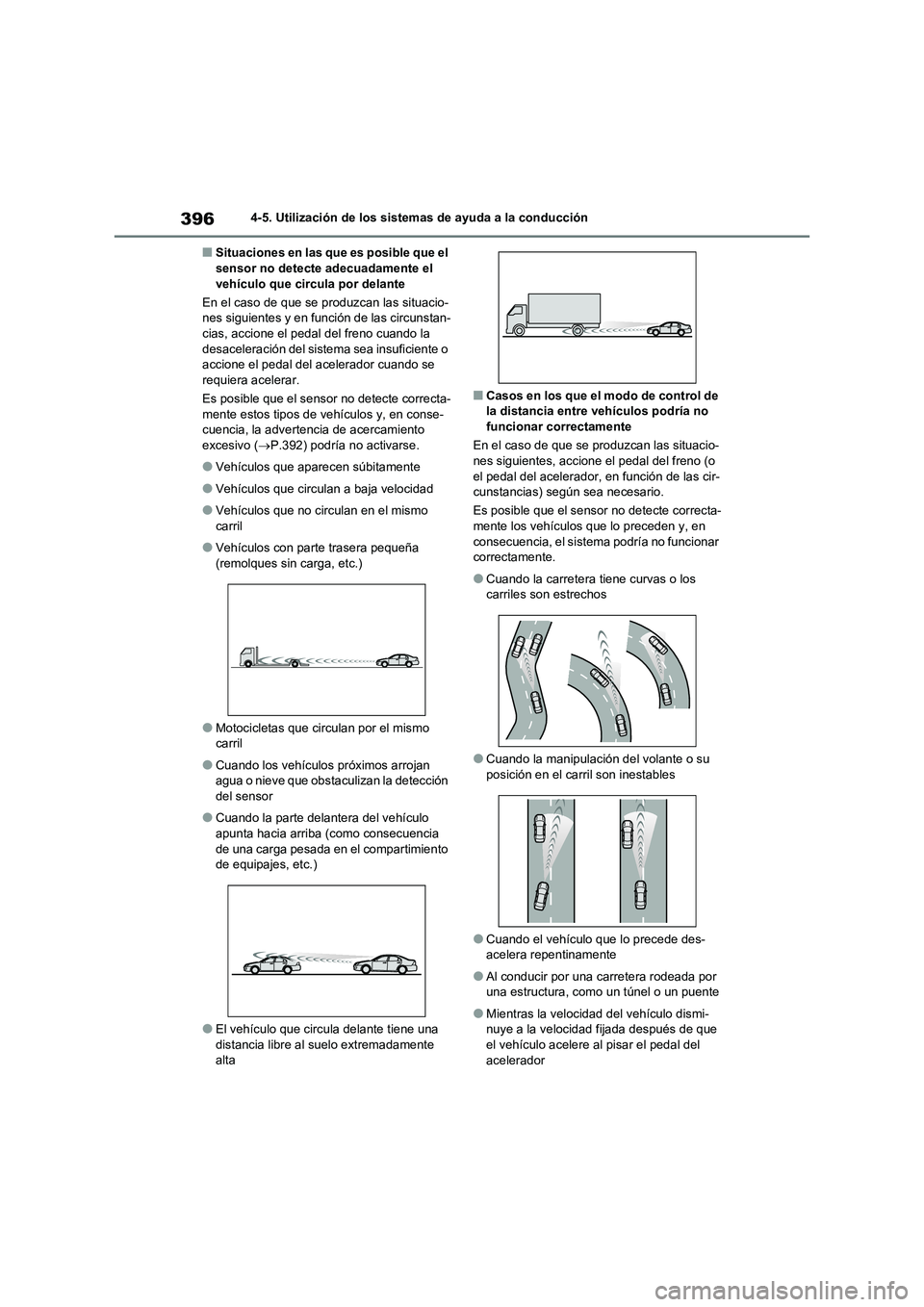 TOYOTA RAV4 2021 Manual del propietario (in Spanish) 3964-5. Utilización de los sistemas de ayuda a la conducción
■Situaciones en las que es posible que el sensor no detecte adecuadamente el
vehículo que circula por delante
En el caso de que se TOYOTA RAV4 2021 Manual del propietario (in Spanish) 3964-5. Utilización de los sistemas de ayuda a la conducción
■Situaciones en las que es posible que el sensor no detecte adecuadamente el
vehículo que circula por delante
En el caso de que se