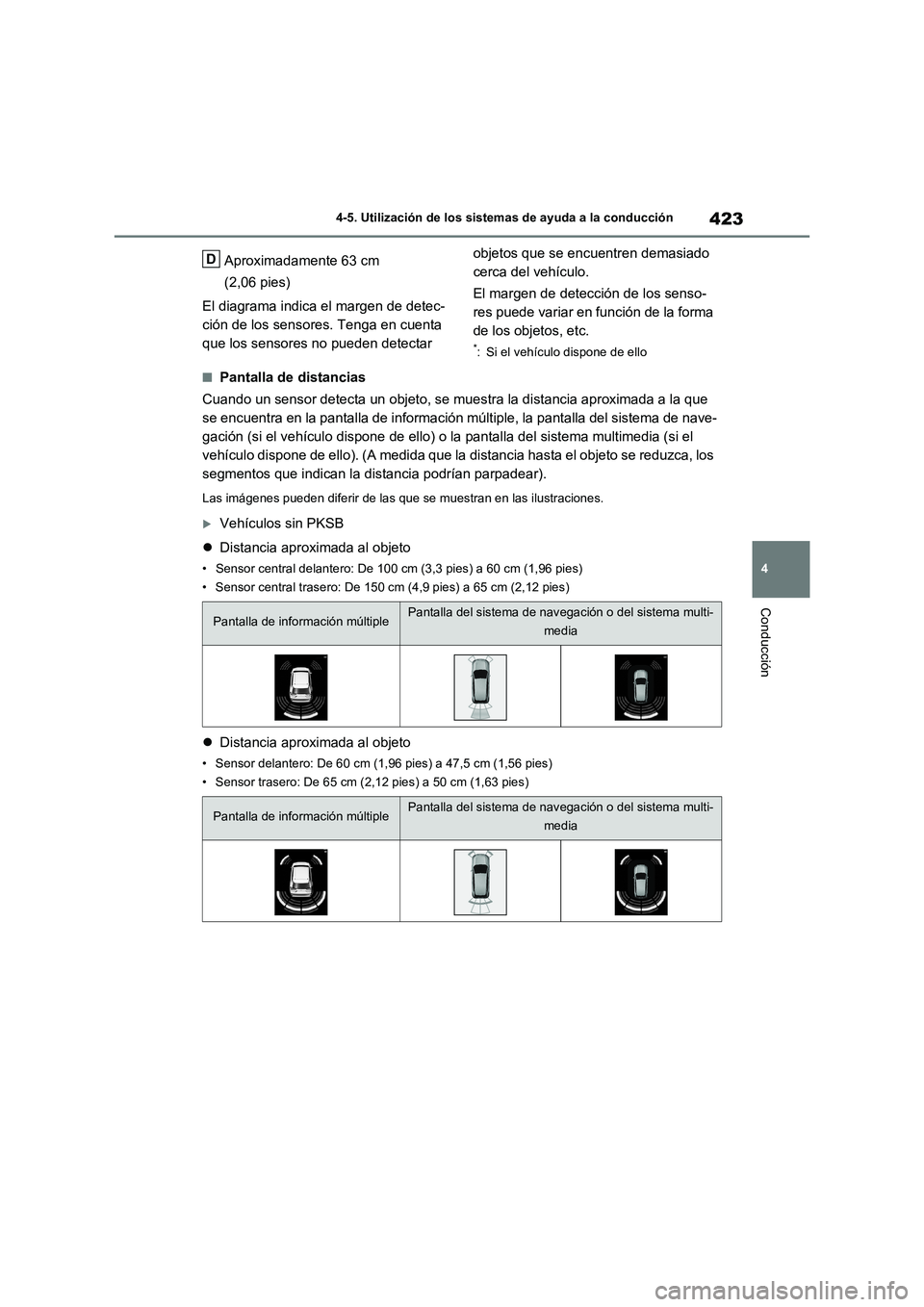 TOYOTA RAV4 2021 Manual del propietario (in Spanish) 423
4 4-5. Utilización de los sistemas de ayuda a la conducción
Conducción
Aproximadamente 63 cm
(2,06 pies)
El diagrama indica el margen de detec-
ción de los sensores. Tenga en cuenta
que los TOYOTA RAV4 2021 Manual del propietario (in Spanish) 423
4 4-5. Utilización de los sistemas de ayuda a la conducción
Conducción
Aproximadamente 63 cm
(2,06 pies)
El diagrama indica el margen de detec-
ción de los sensores. Tenga en cuenta
que los