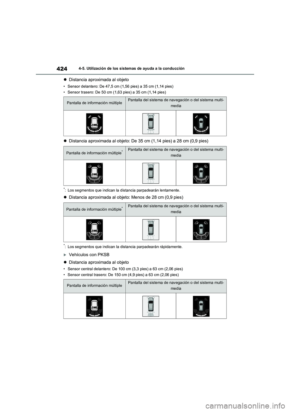 TOYOTA RAV4 2021 Manual del propietario (in Spanish) 4244-5. Utilización de los sistemas de ayuda a la conducción
Distancia aproximada al objeto
• Sensor delantero: De 47,5 cm (1,56 pies) a 35 cm (1,14 pies)
• Sensor trasero: De 50 cm (1,63 pie TOYOTA RAV4 2021 Manual del propietario (in Spanish) 4244-5. Utilización de los sistemas de ayuda a la conducción
Distancia aproximada al objeto
• Sensor delantero: De 47,5 cm (1,56 pies) a 35 cm (1,14 pies)
• Sensor trasero: De 50 cm (1,63 pie