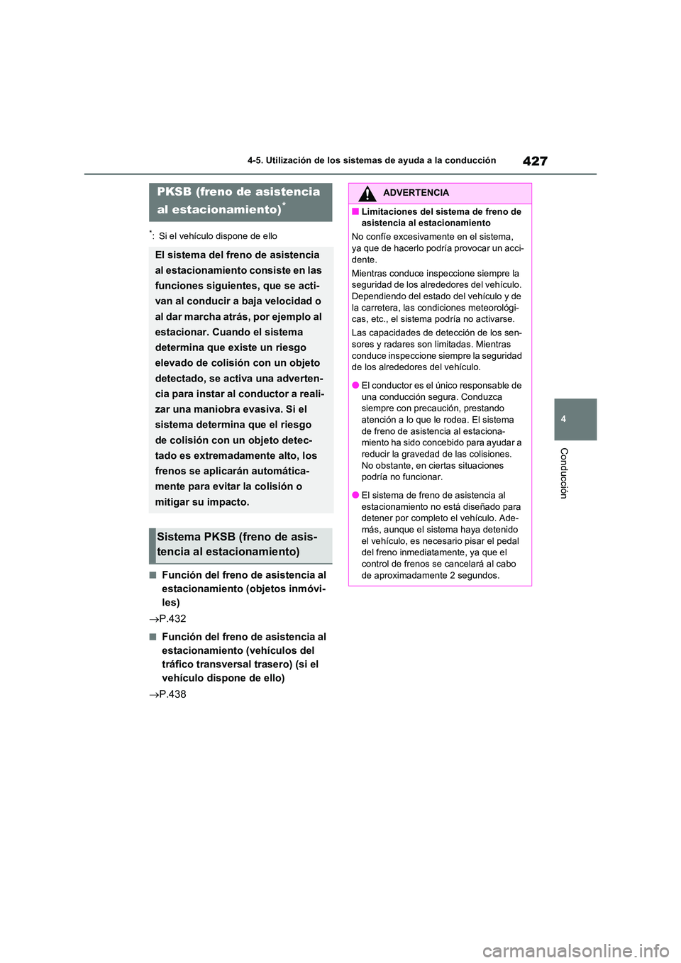 TOYOTA RAV4 2021 Manual del propietario (in Spanish) 427
4
4-5. Utilización de los sistemas de ayuda a la conducción
Conducción
*: Si el vehículo dispone de ello
■Función del freno de asistencia al
estacionamiento (objetos inmóvi-
les)
P TOYOTA RAV4 2021 Manual del propietario (in Spanish) 427
4
4-5. Utilización de los sistemas de ayuda a la conducción
Conducción
*: Si el vehículo dispone de ello
■Función del freno de asistencia al
estacionamiento (objetos inmóvi-
les)
P
