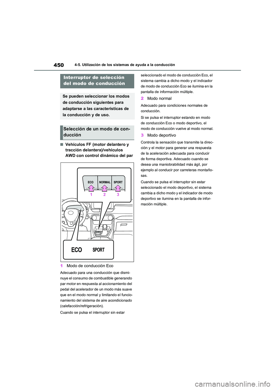 TOYOTA RAV4 2021 Manual del propietario (in Spanish) 4504-5. Utilización de los sistemas de ayuda a la conducción
■Vehículos FF (motor delantero y
tracción delantera)/vehículos
AWD con control dinámico del par
1 Modo de conducción Eco
Adecu TOYOTA RAV4 2021 Manual del propietario (in Spanish) 4504-5. Utilización de los sistemas de ayuda a la conducción
■Vehículos FF (motor delantero y
tracción delantera)/vehículos
AWD con control dinámico del par
1 Modo de conducción Eco
Adecu