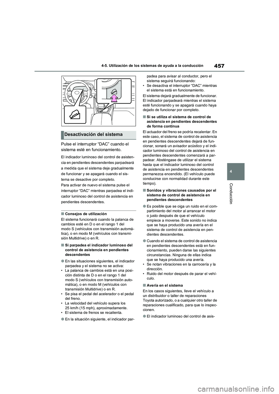 TOYOTA RAV4 2021 Manual del propietario (in Spanish) 457
4 4-5. Utilización de los sistemas de ayuda a la conducción
Conducción
Pulse el interruptor “DAC” cuando el
sistema esté en funcionamiento.
El indicador luminoso del control de asisten-
c TOYOTA RAV4 2021 Manual del propietario (in Spanish) 457
4 4-5. Utilización de los sistemas de ayuda a la conducción
Conducción
Pulse el interruptor “DAC” cuando el
sistema esté en funcionamiento.
El indicador luminoso del control de asisten-
c