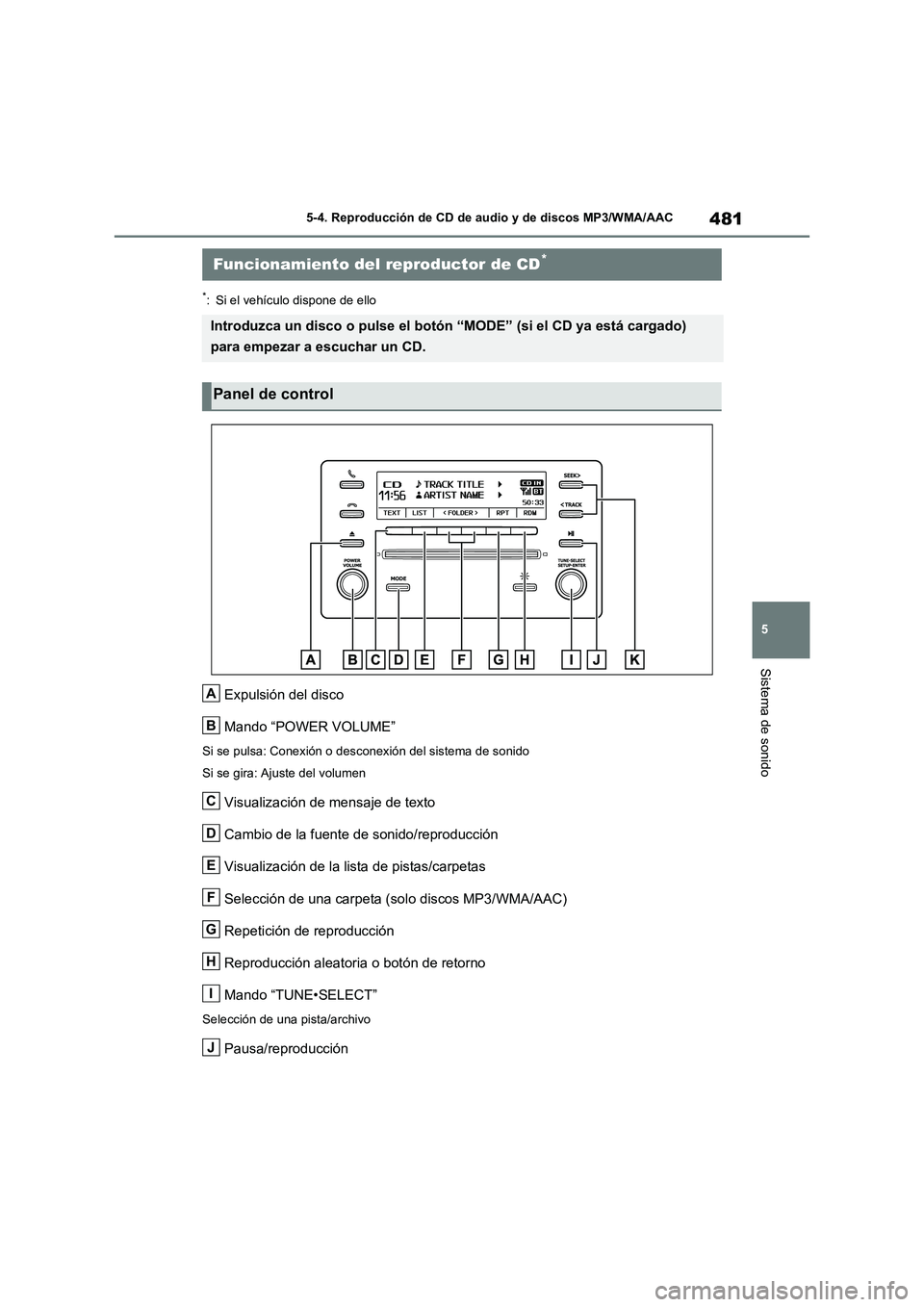 TOYOTA RAV4 2021 Manual del propietario (in Spanish) 481
5 5-4. Reproducción de CD de audio y de discos MP3/WMA/AAC
Sistema de sonido
5-4.Reproducción de CD de audio y de discos MP3/WMA/AAC
*: Si el vehículo dispone de ello
Expulsión del disco
Mando TOYOTA RAV4 2021 Manual del propietario (in Spanish) 481
5 5-4. Reproducción de CD de audio y de discos MP3/WMA/AAC
Sistema de sonido
5-4.Reproducción de CD de audio y de discos MP3/WMA/AAC
*: Si el vehículo dispone de ello
Expulsión del disco
Mando