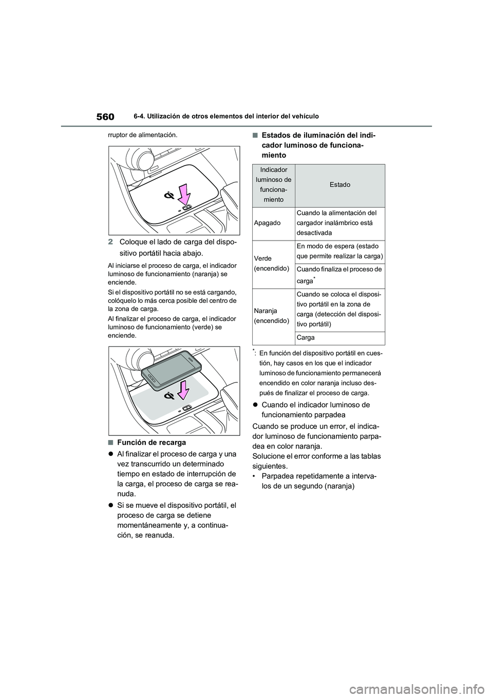 TOYOTA RAV4 2021 Manual del propietario (in Spanish) 5606-4. Utilización de otros elementos del interior del vehículo
rruptor de alimentación.
2Coloque el lado de carga del dispo-
sitivo portátil hacia abajo.
Al iniciarse el proceso de carga, el ind TOYOTA RAV4 2021 Manual del propietario (in Spanish) 5606-4. Utilización de otros elementos del interior del vehículo
rruptor de alimentación.
2Coloque el lado de carga del dispo-
sitivo portátil hacia abajo.
Al iniciarse el proceso de carga, el ind