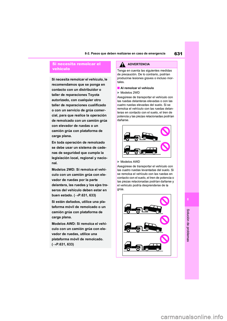 TOYOTA RAV4 2021  Manual del propietario (in Spanish) 631
8 
8-2. Pasos que deben realizarse en caso de emergencia
Solución de problemas
8-2.Pasos que deben realizarse en caso de emergenciaSi necesita remolcar el  
vehículo
Si necesita remolcar el veh