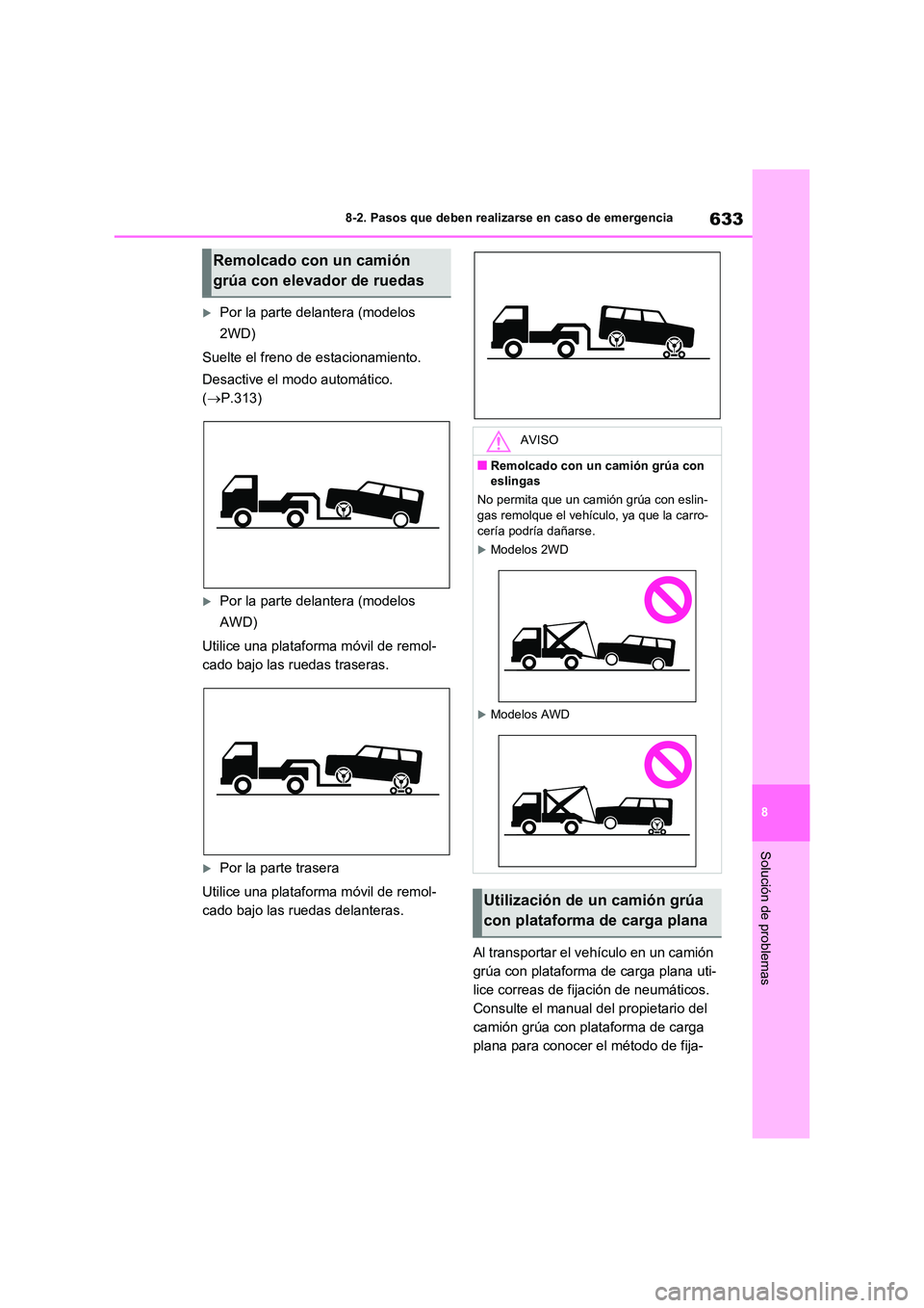 TOYOTA RAV4 2021  Manual del propietario (in Spanish) 633
8 
8-2. Pasos que deben realizarse en caso de emergencia
Solución de problemas
Por la parte delantera (modelos  
2WD) 
Suelte el freno de estacionamiento. 
Desactive el modo automático.  
( 