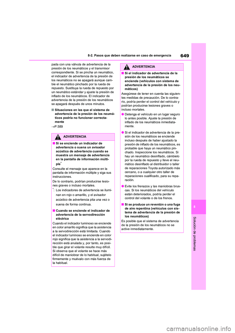 TOYOTA RAV4 2021  Manual del propietario (in Spanish) 649
8 
8-2. Pasos que deben realizarse en caso de emergencia
Solución de problemas
pada con una válvula de advertencia de la  presión de los neumáticos y el transmisor  
correspondiente. Si se pin