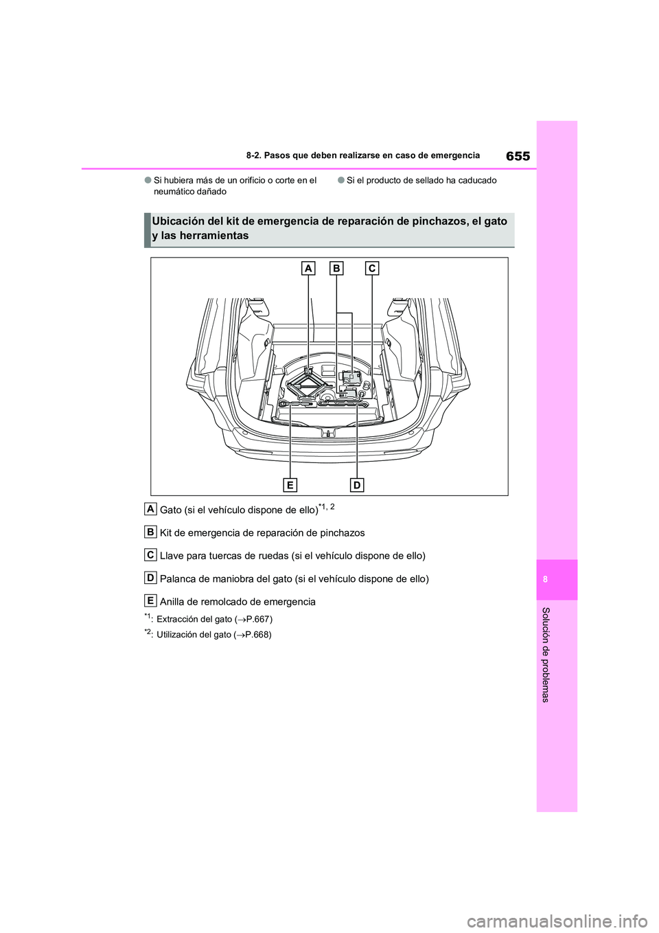 TOYOTA RAV4 2021  Manual del propietario (in Spanish) 655
8 
8-2. Pasos que deben realizarse en caso de emergencia
Solución de problemas
●Si hubiera más de un orificio o corte en el  neumático dañado●Si el producto de sellado ha caducado
Gato (si