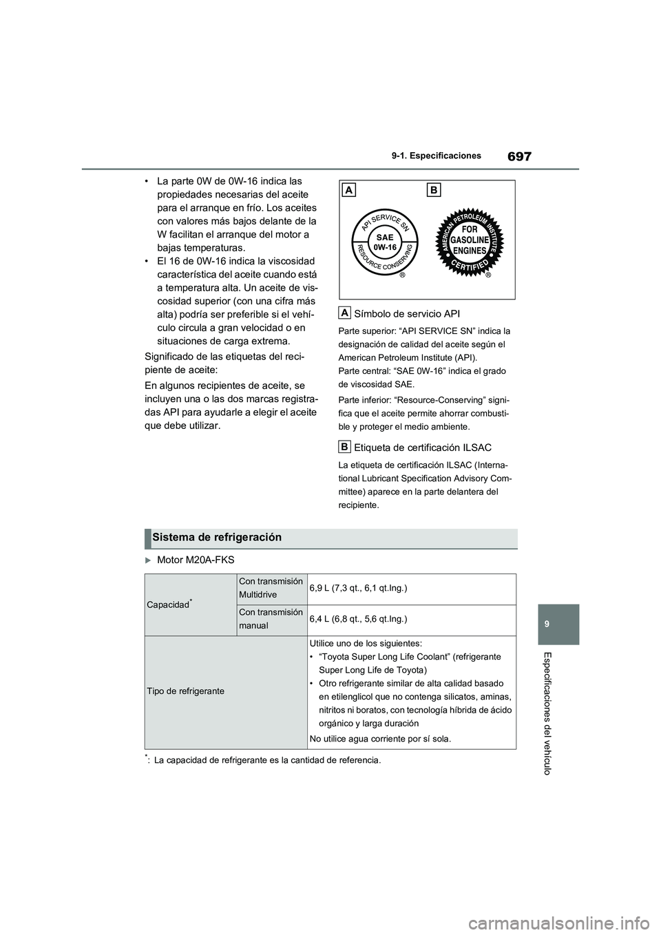 TOYOTA RAV4 2021  Manual del propietario (in Spanish) 697
9 9-1. Especificaciones
Especificaciones del vehículo
• La parte 0W de 0W-16 indica las 
propiedades necesarias del aceite 
para el arranque en frío. Los aceites 
con valores más bajos delant