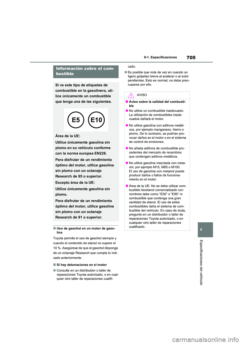 TOYOTA RAV4 2021  Manual del propietario (in Spanish) 705
9 
9-1. Especificaciones
Especificaciones del vehículo
■Uso de gasohol en un motor de gaso- 
lina 
Toyota permite el uso de gasohol siempre y  
cuando el contenido de etanol no supere el 
10 %.