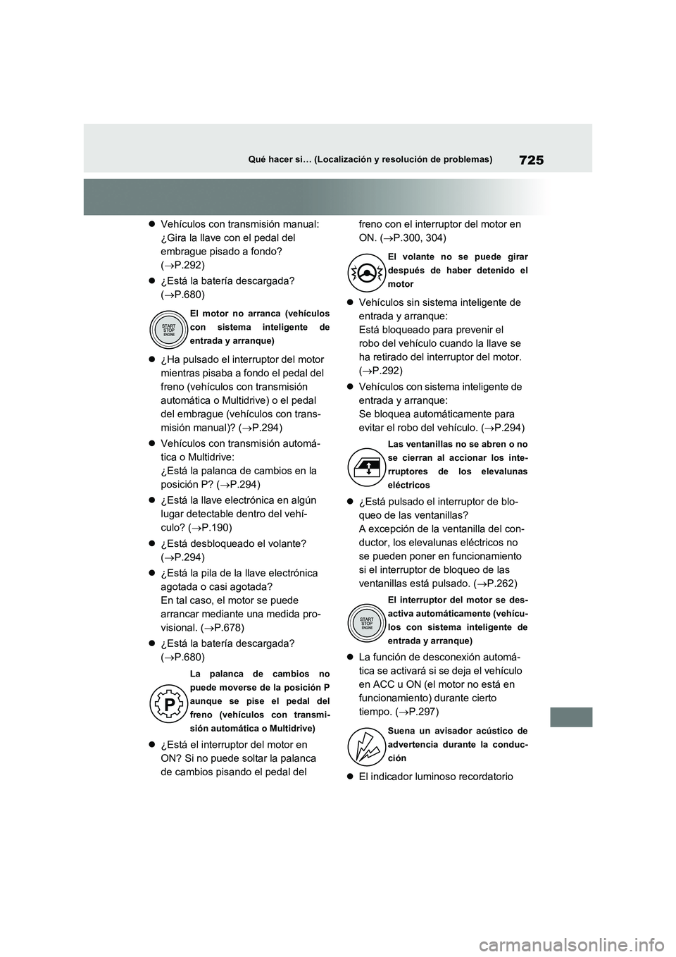 TOYOTA RAV4 2021 Manual del propietario (in Spanish) 725Qué hacer si… (Localización y resolución de problemas)
Vehículos con transmisión manual:
¿Gira la llave con el pedal del
embrague pisado a fondo?
( P.292)
¿Está la batería TOYOTA RAV4 2021 Manual del propietario (in Spanish) 725Qué hacer si… (Localización y resolución de problemas)
Vehículos con transmisión manual:
¿Gira la llave con el pedal del
embrague pisado a fondo?
( P.292)
¿Está la batería