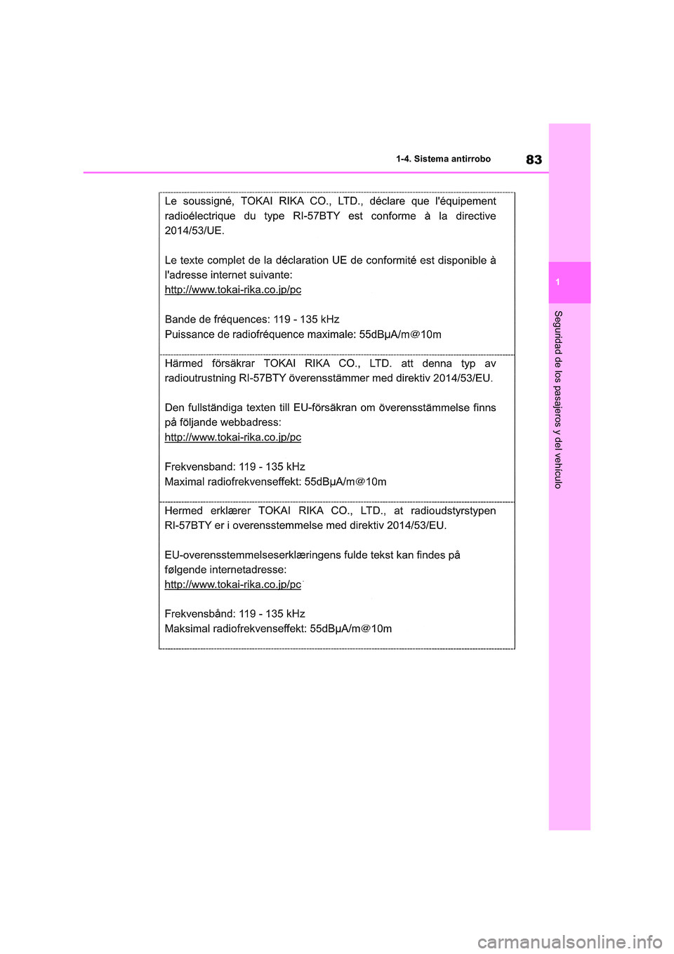 TOYOTA RAV4 2021 Manual del propietario (in Spanish) 83
1
1-4. Sistema antirrobo
Seguridad de los pasajeros y del vehículo TOYOTA RAV4 2021 Manual del propietario (in Spanish) 83
1
1-4. Sistema antirrobo
Seguridad de los pasajeros y del vehículo