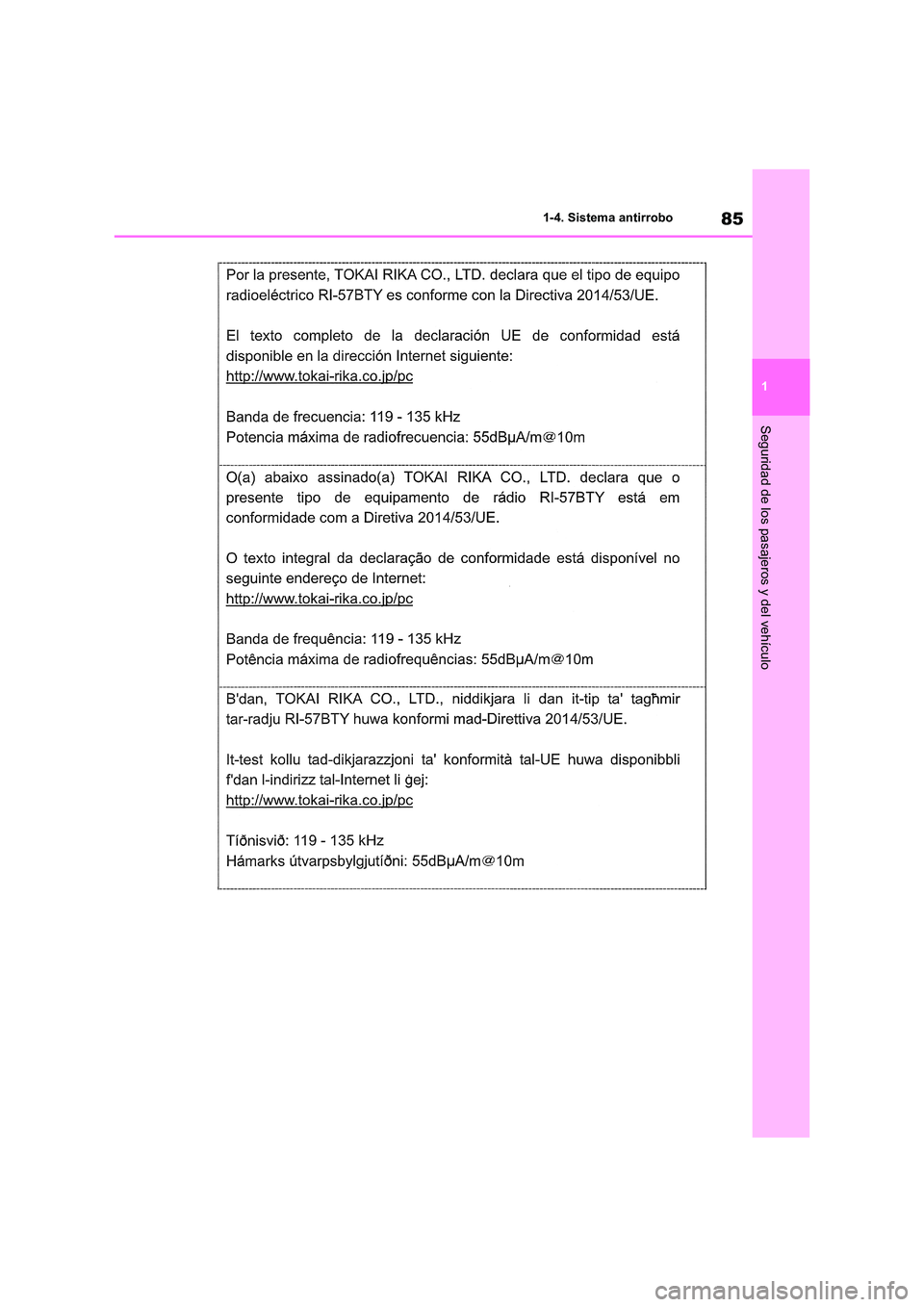 TOYOTA RAV4 2021 Manual del propietario (in Spanish) 85
1
1-4. Sistema antirrobo
Seguridad de los pasajeros y del vehículo TOYOTA RAV4 2021 Manual del propietario (in Spanish) 85
1
1-4. Sistema antirrobo
Seguridad de los pasajeros y del vehículo