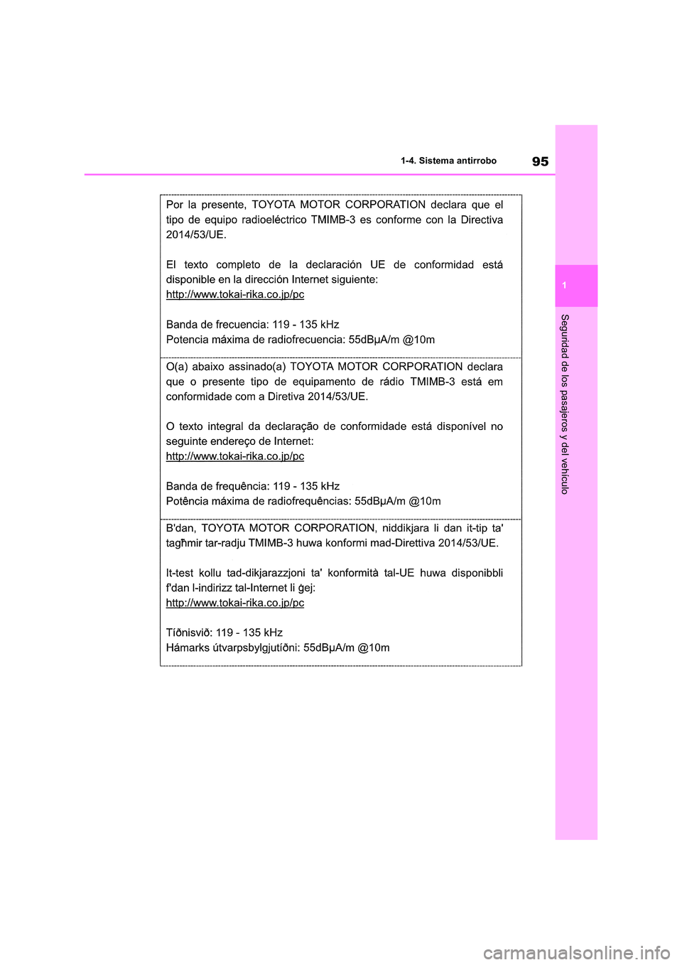 TOYOTA RAV4 2021 Manual del propietario (in Spanish) 95
1
1-4. Sistema antirrobo
Seguridad de los pasajeros y del vehículo TOYOTA RAV4 2021 Manual del propietario (in Spanish) 95
1
1-4. Sistema antirrobo
Seguridad de los pasajeros y del vehículo