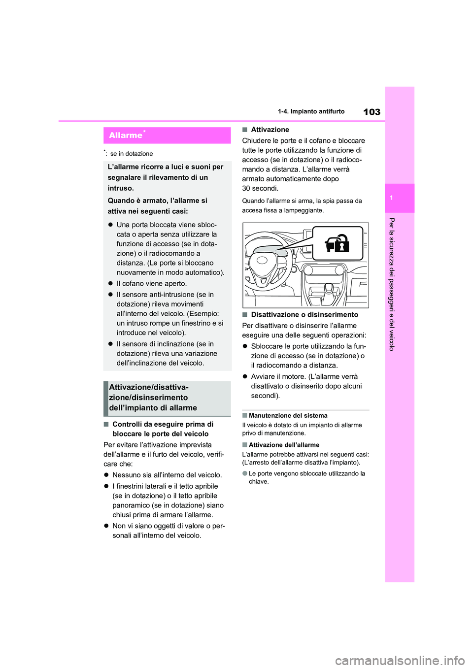 TOYOTA RAV4 2021 Manuale duso (in Italian) 103
1
1-4. Impianto antifurto
Per la sicurezza dei passeggeri e del veicolo
*: se in dotazione
■Controlli da eseguire prima di
bloccare le porte del veicolo
Per evitare l’attivazione imprevist TOYOTA RAV4 2021 Manuale duso (in Italian) 103
1
1-4. Impianto antifurto
Per la sicurezza dei passeggeri e del veicolo
*: se in dotazione
■Controlli da eseguire prima di
bloccare le porte del veicolo
Per evitare l’attivazione imprevist