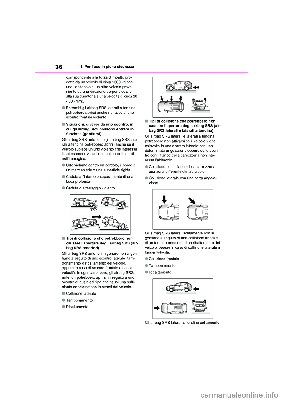 TOYOTA RAV4 2021  Manuale duso (in Italian) 361-1. Per l’uso in piena sicurezza 
corrispondente alla forza d’impatto pro- dotta da un veicolo di circa 1500 kg che  
urta l’abitacolo di un altro veicolo prove-
niente da una direzione perpe