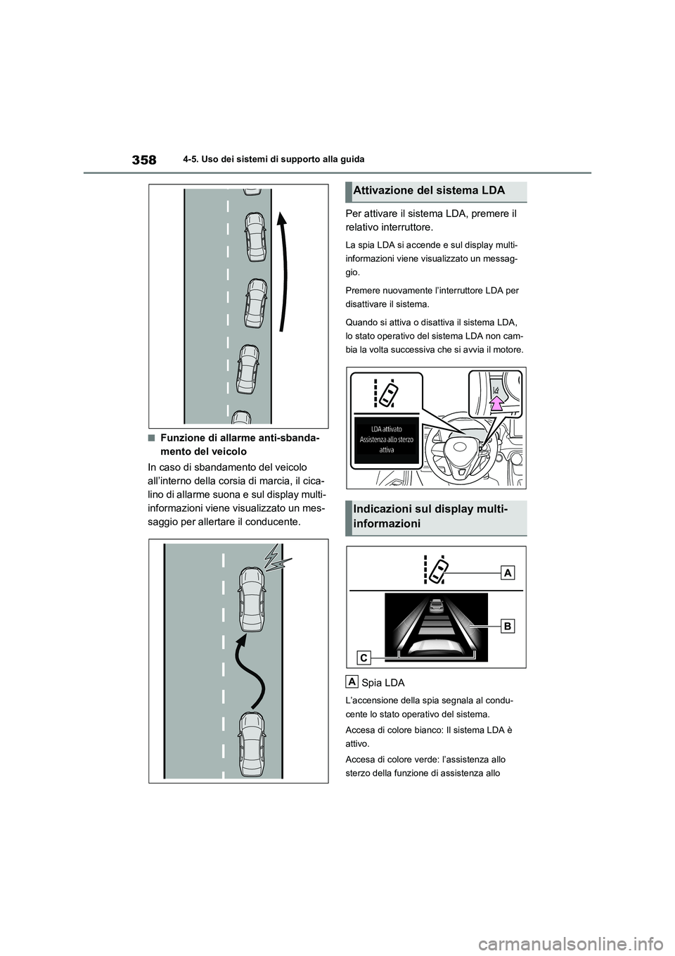 TOYOTA RAV4 2021  Manuale duso (in Italian) 3584-5. Uso dei sistemi di supporto alla guida
■Funzione di allarme anti-sbanda-
mento del veicolo
In caso di sbandamento del veicolo 
all’interno della corsia di marcia, il cica-
lino di allarme 