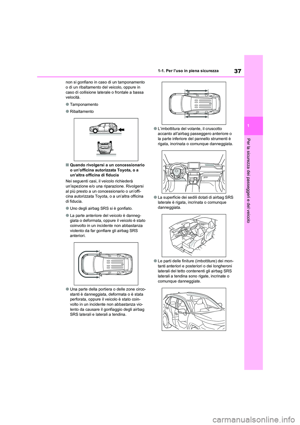 TOYOTA RAV4 2021  Manuale duso (in Italian) 37
1 
1-1. Per l’uso in piena sicurezza
Per la sicurezza dei passeggeri e del veicolo
non si gonfiano in caso di un tamponamento  o di un ribaltamento del veicolo, oppure in  
caso di collisione lat