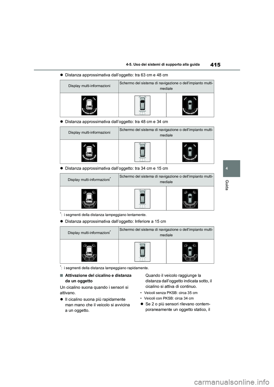 TOYOTA RAV4 2021  Manuale duso (in Italian) 415
4 4-5. Uso dei sistemi di supporto alla guida
Guida
Distanza approssimativa dall’oggetto: tra 63 cm e 48 cm
Distanza approssimativa dall’oggetto: tra 48 cm e 34 cm
Distanza approssima