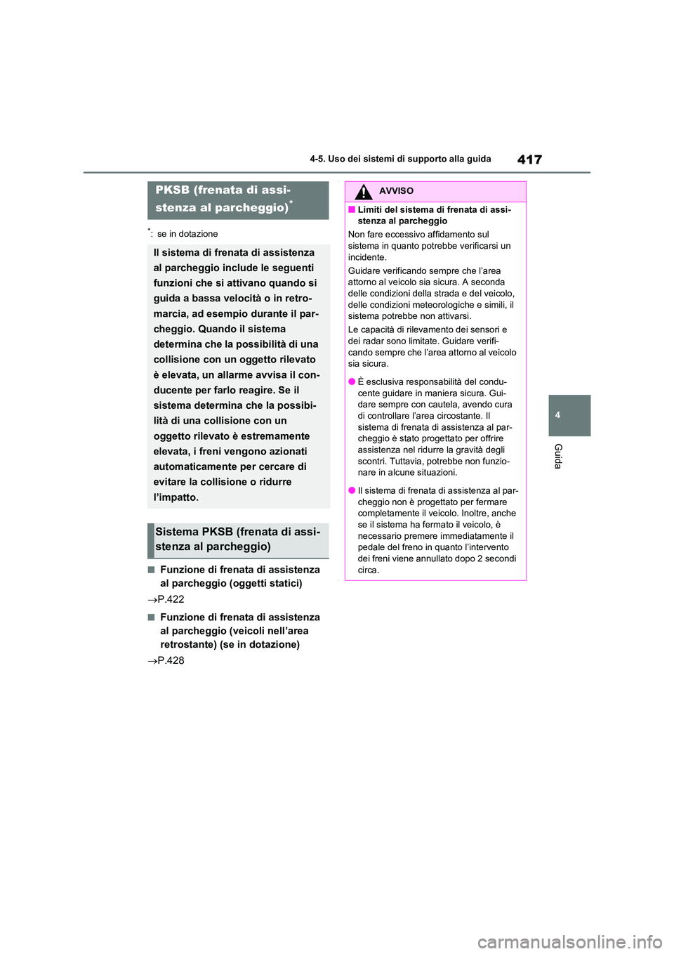 TOYOTA RAV4 2021  Manuale duso (in Italian) 417
4 
4-5. Uso dei sistemi di supporto alla guida
Guida
*: se in dotazione
■Funzione di frenata di assistenza  
al parcheggio (oggetti statici) 
 P.422
■Funzione di frenata di assistenza  
al 