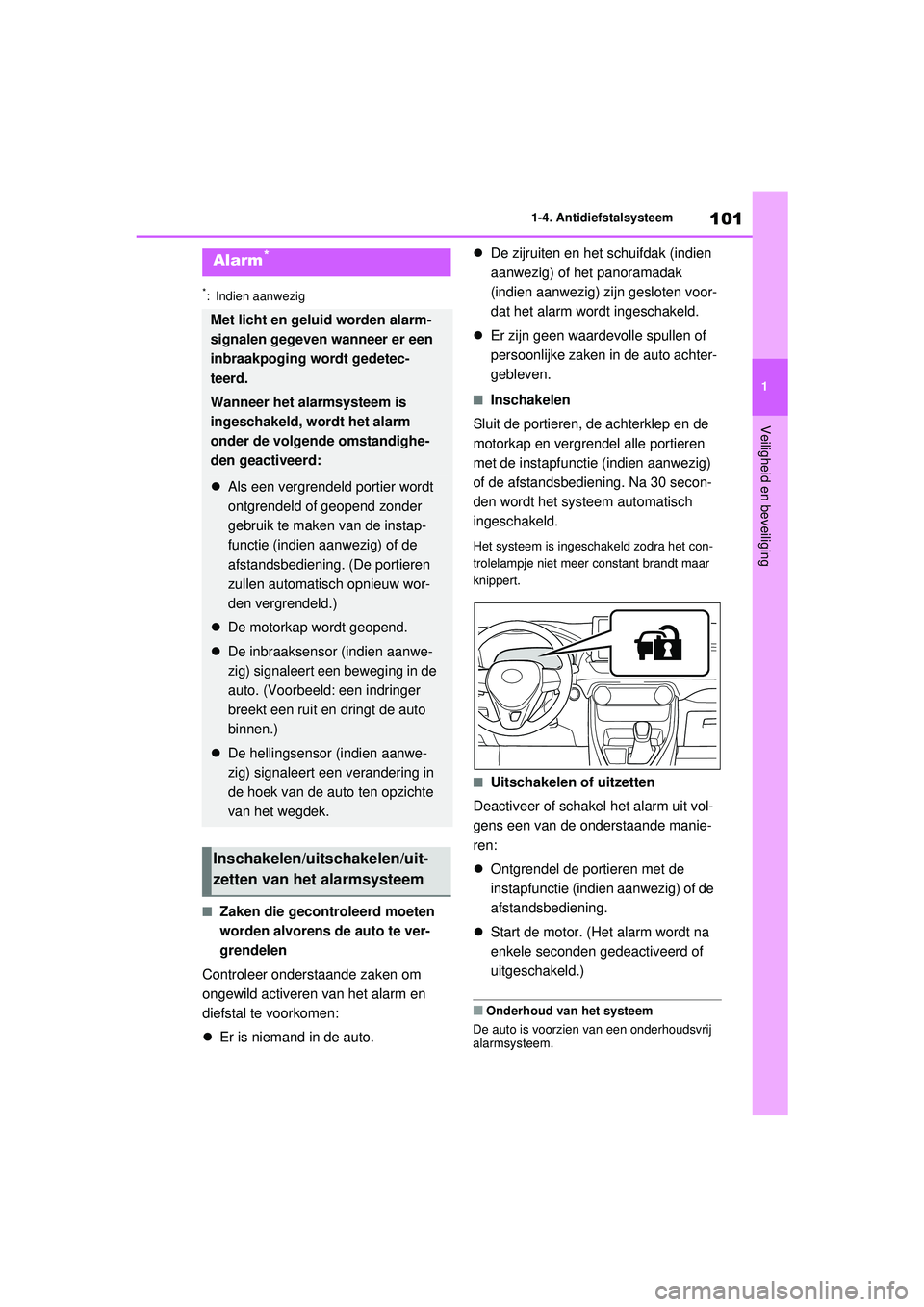 TOYOTA RAV4 2021 Instructieboekje (in Dutch) 101
1
1-4. Antidiefstalsysteem
Veiligheid en beveiliging
*: Indien aanwezig
■Zaken die gecontroleerd moeten
worden alvorens de auto te ver-
grendelen
Controleer onderstaande zaken om
ongewild acti TOYOTA RAV4 2021 Instructieboekje (in Dutch) 101
1
1-4. Antidiefstalsysteem
Veiligheid en beveiliging
*: Indien aanwezig
■Zaken die gecontroleerd moeten
worden alvorens de auto te ver-
grendelen
Controleer onderstaande zaken om
ongewild acti