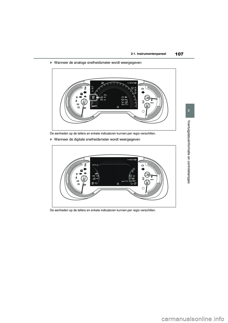 TOYOTA RAV4 2021 Instructieboekje (in Dutch) 107
2
2-1. Instrumentenpaneel
Voertuigstatusinformatie en controlelampjes
Wanneer de analoge snelheidsmeter wordt weergegeven
De eenheden op de tellers en enkele indica
toren kunnen per regio versc TOYOTA RAV4 2021 Instructieboekje (in Dutch) 107
2
2-1. Instrumentenpaneel
Voertuigstatusinformatie en controlelampjes
Wanneer de analoge snelheidsmeter wordt weergegeven
De eenheden op de tellers en enkele indica
toren kunnen per regio versc