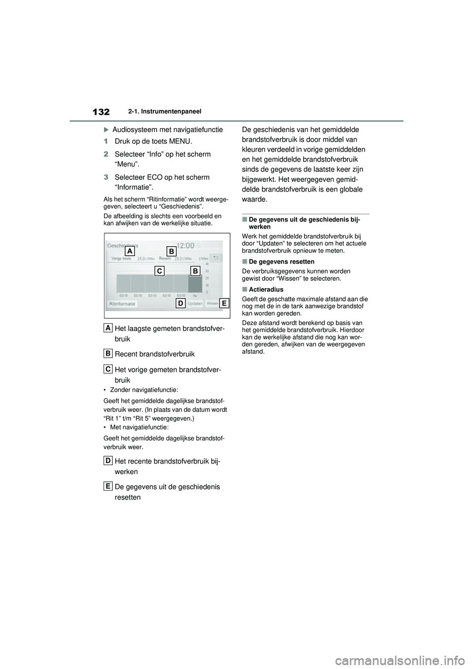 TOYOTA RAV4 2021 Instructieboekje (in Dutch) 1322-1. Instrumentenpaneel
Audiosysteem met navigatiefunctie
1 Druk op de toets MENU.
2 Selecteer “Info” op het scherm
“Menu”.
3 Selecteer ECO op het scherm
“Informatie”.
Als het sc TOYOTA RAV4 2021 Instructieboekje (in Dutch) 1322-1. Instrumentenpaneel
Audiosysteem met navigatiefunctie
1 Druk op de toets MENU.
2 Selecteer “Info” op het scherm
“Menu”.
3 Selecteer ECO op het scherm
“Informatie”.
Als het sc