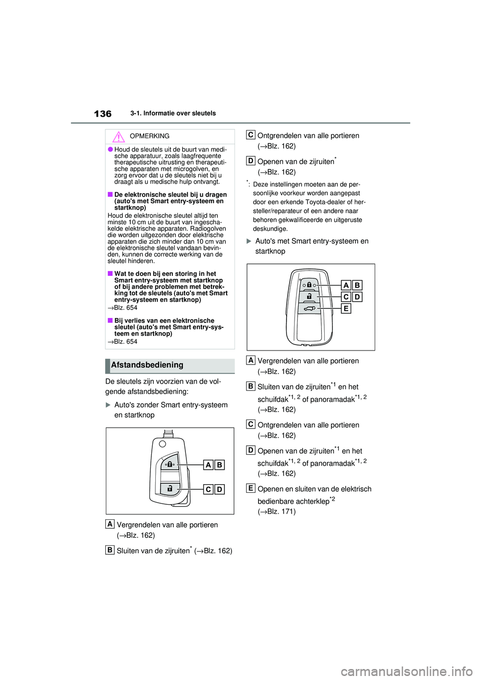 TOYOTA RAV4 2021 Instructieboekje (in Dutch) 1363-1. Informatie over sleutels
De sleutels zijn voorzien van de vol-
gende afstandsbediening:
Autos zonder Smart entry-systeem
en startknopVergrendelen van alle portieren
(→ Blz. 162)
Sluite TOYOTA RAV4 2021 Instructieboekje (in Dutch) 1363-1. Informatie over sleutels
De sleutels zijn voorzien van de vol-
gende afstandsbediening:
Autos zonder Smart entry-systeem
en startknopVergrendelen van alle portieren
(→ Blz. 162)
Sluite
