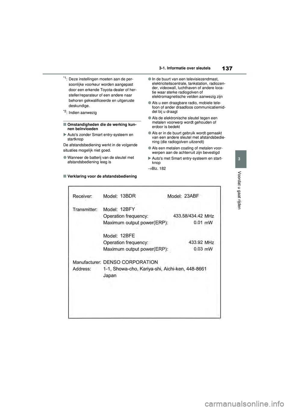 TOYOTA RAV4 2021 Instructieboekje (in Dutch) 137
3
3-1. Informatie over sleutels
Voordat u gaat rijden
*1: Deze instellingen moeten aan de per-
soonlijke voorkeur worden aangepast
door een erkende Toyota-dealer of her-
steller/reparateur of een TOYOTA RAV4 2021 Instructieboekje (in Dutch) 137
3
3-1. Informatie over sleutels
Voordat u gaat rijden
*1: Deze instellingen moeten aan de per-
soonlijke voorkeur worden aangepast
door een erkende Toyota-dealer of her-
steller/reparateur of een