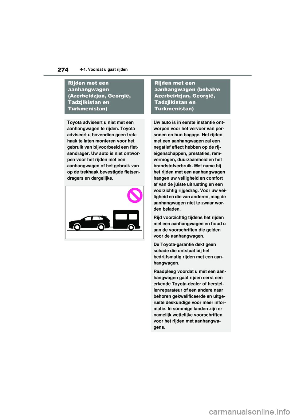 TOYOTA RAV4 2021 Instructieboekje (in Dutch) 2744-1. Voordat u gaat rijden
Rijden met een
aanhangwagen
(Azerbeidzjan, Georgië,
Tadzjikistan en
Turkmenistan)
Toyota adviseert u niet met een
aanhangwagen te rijden. Toyota
adviseert u bovendi TOYOTA RAV4 2021 Instructieboekje (in Dutch) 2744-1. Voordat u gaat rijden
Rijden met een
aanhangwagen
(Azerbeidzjan, Georgië,
Tadzjikistan en
Turkmenistan)
Toyota adviseert u niet met een
aanhangwagen te rijden. Toyota
adviseert u bovendi