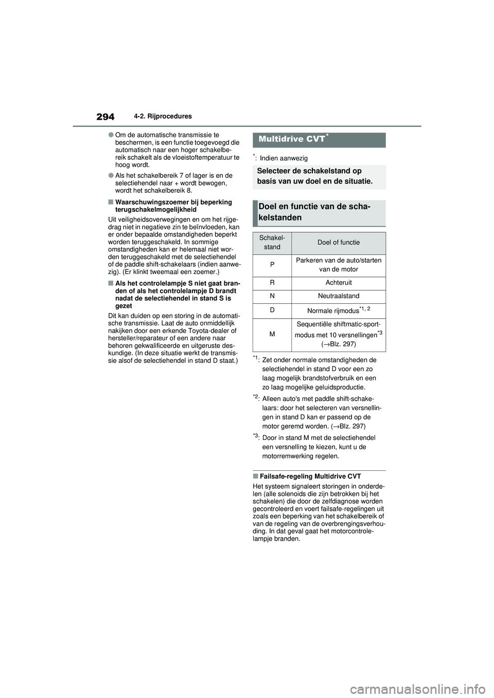 TOYOTA RAV4 2021 Instructieboekje (in Dutch) 2944-2. Rijprocedures
●Om de automatische transmissie te
beschermen, is een functie toegevoegd die
automatisch naar een hoger schakelbe-
reik schakelt als de vloeistoftemperatuur te
hoog wordt.
TOYOTA RAV4 2021 Instructieboekje (in Dutch) 2944-2. Rijprocedures
●Om de automatische transmissie te
beschermen, is een functie toegevoegd die
automatisch naar een hoger schakelbe-
reik schakelt als de vloeistoftemperatuur te
hoog wordt.