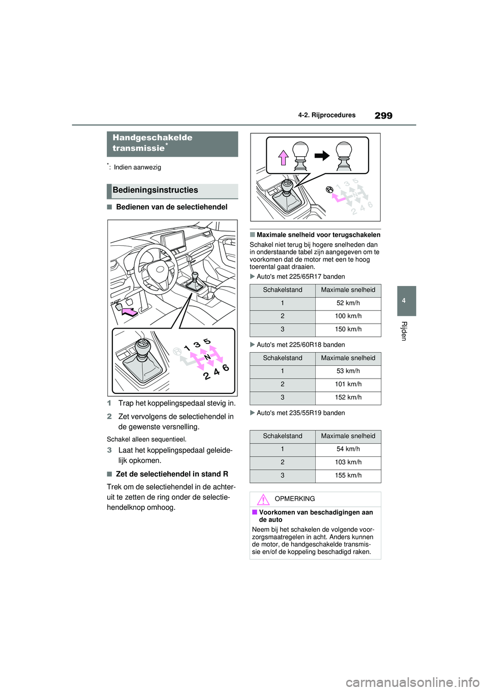 TOYOTA RAV4 2021 Instructieboekje (in Dutch) 299
4
4-2. Rijprocedures
Rijden
*: Indien aanwezig
■Bedienen van de selectiehendel
1 Trap het koppelingspedaal stevig in.
2 Zet vervolgens de selectiehendel in
de gewenste versnelling.
Schakel alle TOYOTA RAV4 2021 Instructieboekje (in Dutch) 299
4
4-2. Rijprocedures
Rijden
*: Indien aanwezig
■Bedienen van de selectiehendel
1 Trap het koppelingspedaal stevig in.
2 Zet vervolgens de selectiehendel in
de gewenste versnelling.
Schakel alle