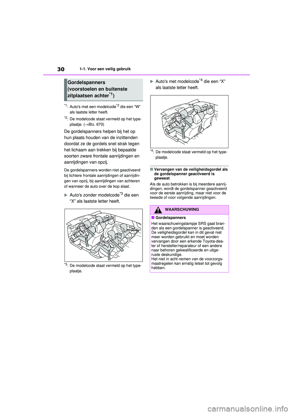 TOYOTA RAV4 2021  Instructieboekje (in Dutch) 301-1. Voor een veilig gebruik
*1: Autos met een modelcode*2 die een “W” 
als laatste letter heeft.
*2: De modelcode staat vermeld op het type- plaatje. ( →Blz. 670)
De gordelspanners helpen bi
