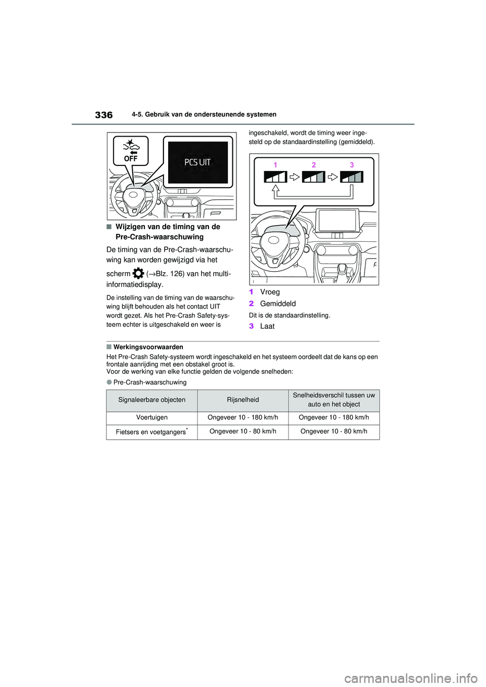 TOYOTA RAV4 2021 Instructieboekje (in Dutch) 3364-5. Gebruik van de ondersteunende systemen
■Wijzigen van de timing van de
Pre-Crash-waarschuwing
De timing van de Pre-Crash-waarschu-
wing kan worden gewijzigd via het
scherm ( →Blz. 126) v TOYOTA RAV4 2021 Instructieboekje (in Dutch) 3364-5. Gebruik van de ondersteunende systemen
■Wijzigen van de timing van de
Pre-Crash-waarschuwing
De timing van de Pre-Crash-waarschu-
wing kan worden gewijzigd via het
scherm ( →Blz. 126) v