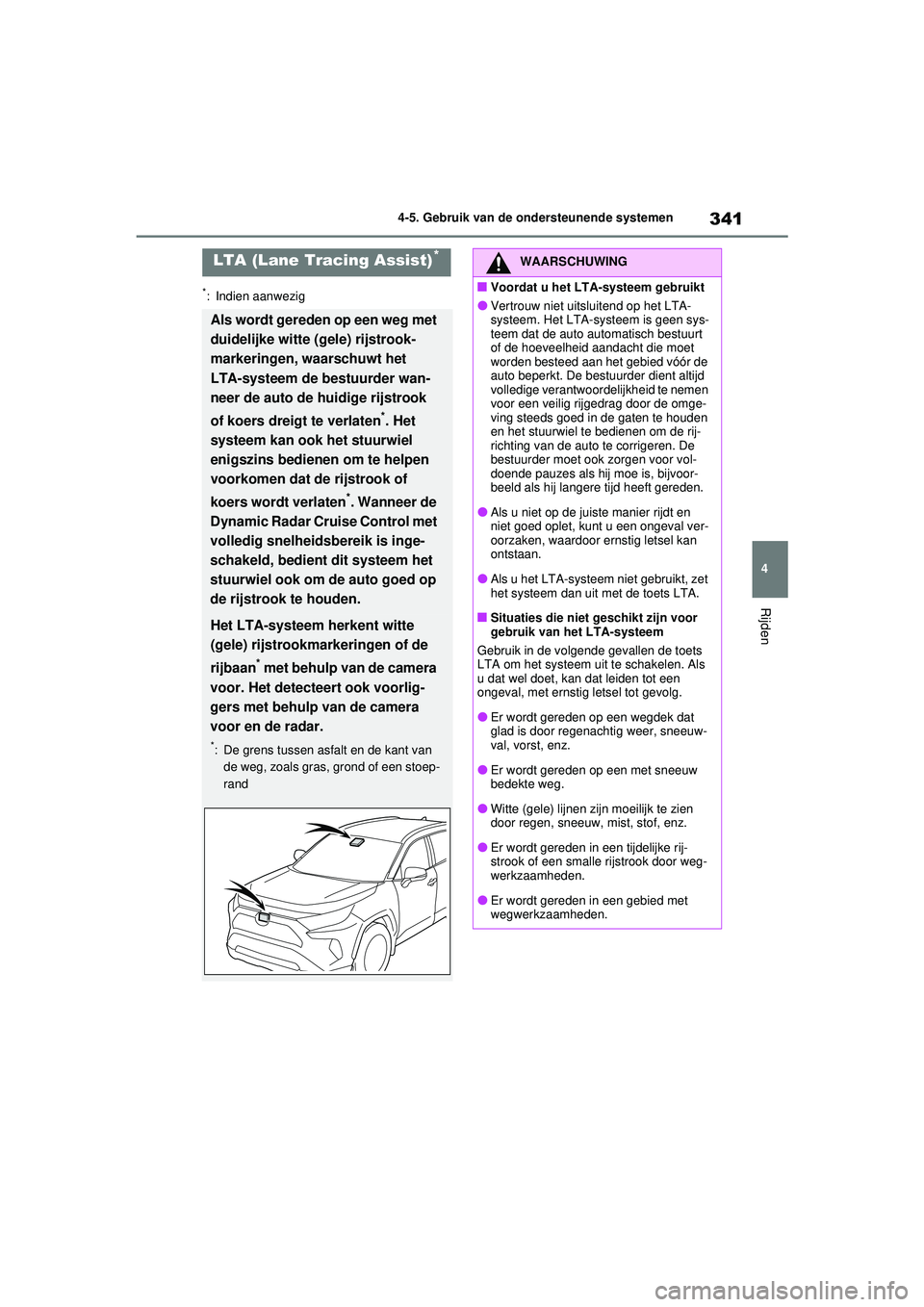 TOYOTA RAV4 2021 Instructieboekje (in Dutch) 341
4
4-5. Gebruik van de ondersteunende systemen
Rijden
*: Indien aanwezig
LTA (Lane Tracing Assist)*
Als wordt gereden op een weg met
duidelijke witte (gele) rijstrook-
markeringen, waarschuwt het TOYOTA RAV4 2021 Instructieboekje (in Dutch) 341
4
4-5. Gebruik van de ondersteunende systemen
Rijden
*: Indien aanwezig
LTA (Lane Tracing Assist)*
Als wordt gereden op een weg met
duidelijke witte (gele) rijstrook-
markeringen, waarschuwt het