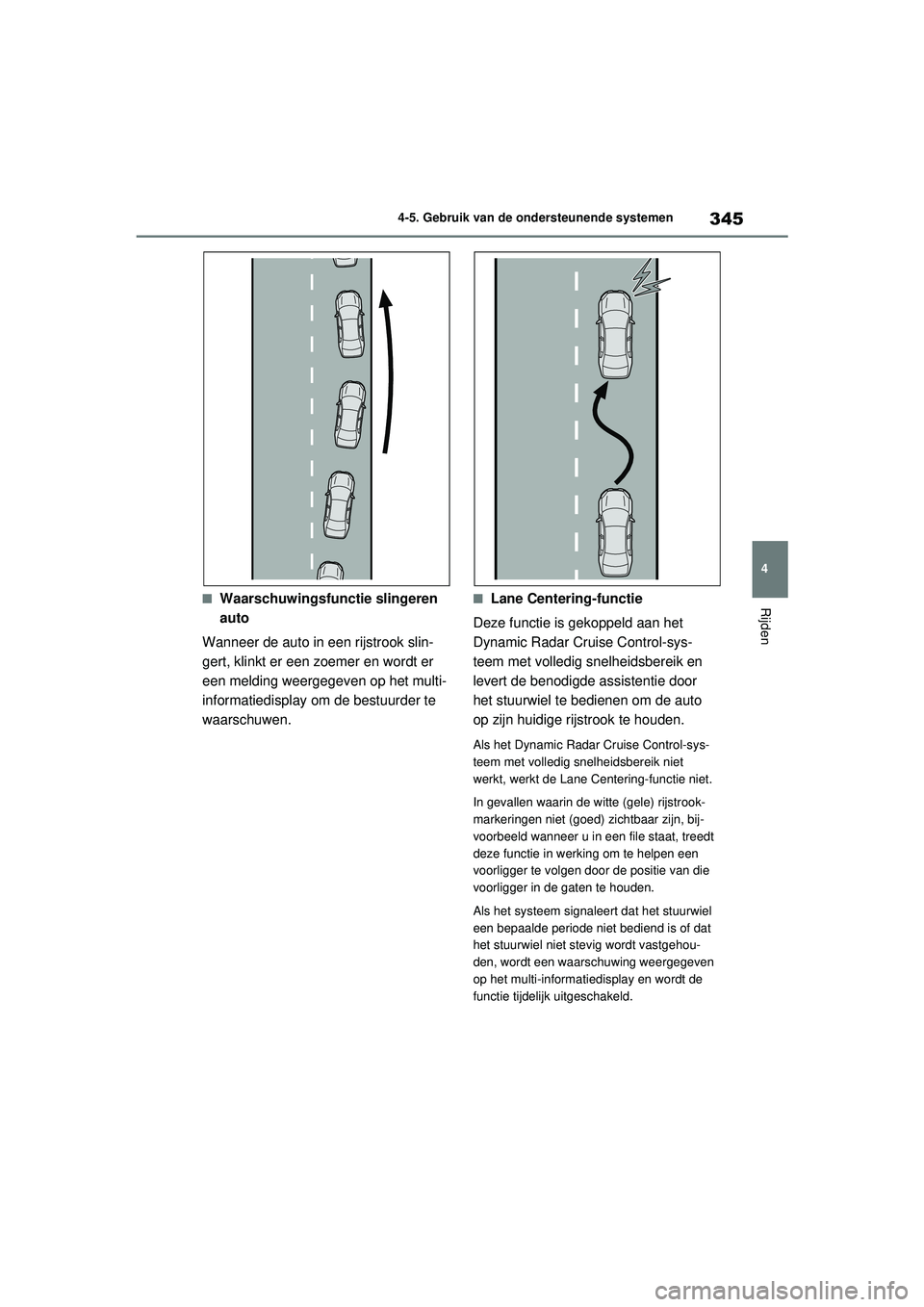 TOYOTA RAV4 2021 Instructieboekje (in Dutch) 345
4
4-5. Gebruik van de ondersteunende systemen
Rijden■Waarschuwingsfunctie slingeren
auto
Wanneer de auto in een rijstrook slin-
gert, klinkt er een zoemer en wordt er
een melding weergegeven o TOYOTA RAV4 2021 Instructieboekje (in Dutch) 345
4
4-5. Gebruik van de ondersteunende systemen
Rijden■Waarschuwingsfunctie slingeren
auto
Wanneer de auto in een rijstrook slin-
gert, klinkt er een zoemer en wordt er
een melding weergegeven o