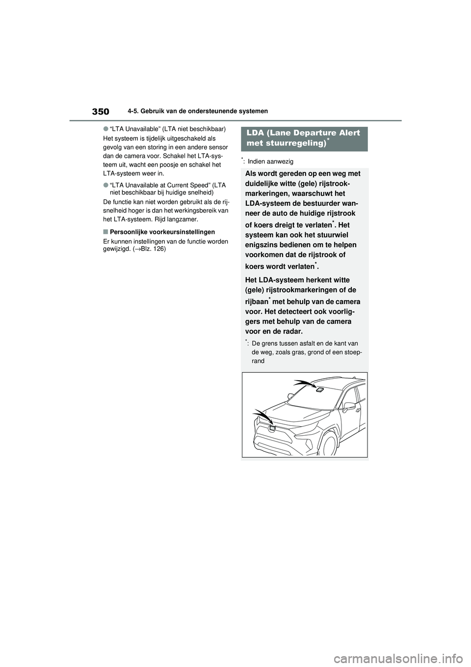 TOYOTA RAV4 2021 Instructieboekje (in Dutch) 3504-5. Gebruik van de ondersteunende systemen
●“LTA Unavailable” (LTA niet beschikbaar)
Het systeem is tijdelijk uitgeschakeld als
gevolg van een storing in een andere sensor
dan de camera vo TOYOTA RAV4 2021 Instructieboekje (in Dutch) 3504-5. Gebruik van de ondersteunende systemen
●“LTA Unavailable” (LTA niet beschikbaar)
Het systeem is tijdelijk uitgeschakeld als
gevolg van een storing in een andere sensor
dan de camera vo