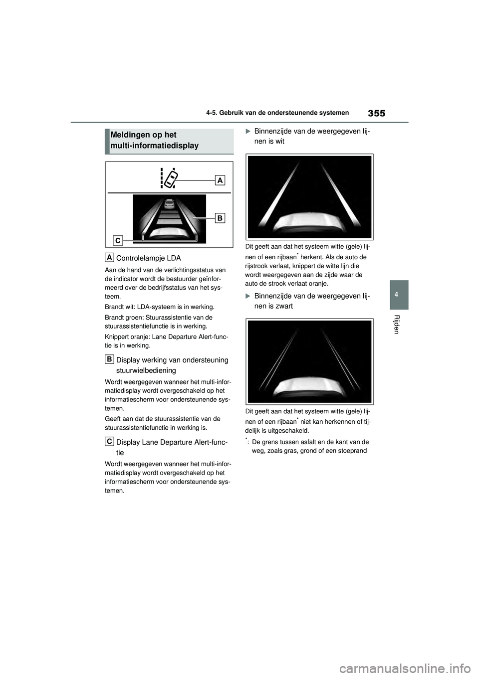 TOYOTA RAV4 2021 Instructieboekje (in Dutch) 355
4
4-5. Gebruik van de ondersteunende systemen
Rijden
Controlelampje LDA
Aan de hand van de verlichtingsstatus van
de indicator wordt de bestuurder geïnfor-
meerd over de bedrijfsstatus van het s TOYOTA RAV4 2021 Instructieboekje (in Dutch) 355
4
4-5. Gebruik van de ondersteunende systemen
Rijden
Controlelampje LDA
Aan de hand van de verlichtingsstatus van
de indicator wordt de bestuurder geïnfor-
meerd over de bedrijfsstatus van het s
