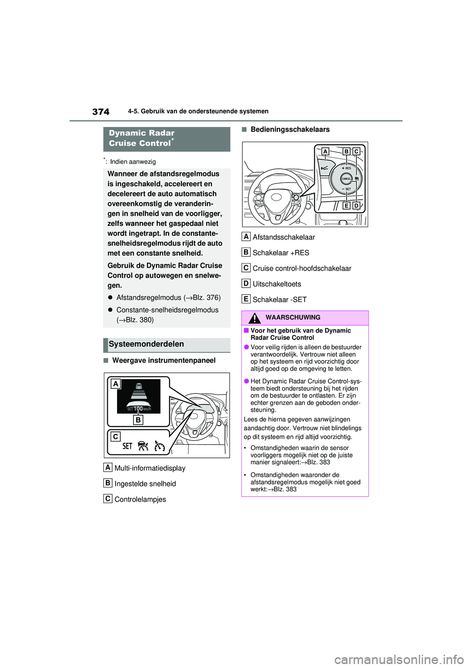 TOYOTA RAV4 2021 Instructieboekje (in Dutch) 3744-5. Gebruik van de ondersteunende systemen
*: Indien aanwezig
■Weergave instrumentenpaneelMulti-informatiedisplay
Ingestelde snelheid
Controlelampjes
■BedieningsschakelaarsAfstandsschakelaar
S TOYOTA RAV4 2021 Instructieboekje (in Dutch) 3744-5. Gebruik van de ondersteunende systemen
*: Indien aanwezig
■Weergave instrumentenpaneelMulti-informatiedisplay
Ingestelde snelheid
Controlelampjes
■BedieningsschakelaarsAfstandsschakelaar
S