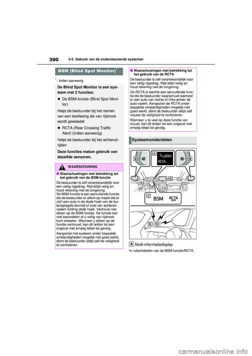 TOYOTA RAV4 2021  Instructieboekje (in Dutch) 3904-5. Gebruik van de ondersteunende systemen
*: Indien aanwezig
Multi-informatiedisplay
In-/uitschakelen van de BSM-functie/RCTA.
BSM (Blind Spot Monitor)*
De Blind Spot Monitor is een sys-
teem met