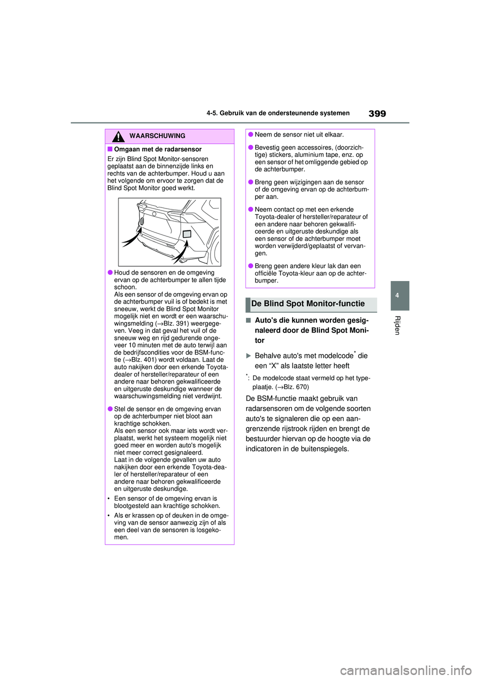 TOYOTA RAV4 2021  Instructieboekje (in Dutch) 399
4
4-5. Gebruik van de ondersteunende systemen
Rijden■Autos die kunnen worden gesig-
naleerd door de Blind Spot Moni-
tor
Behalve autos met modelcode* die 
een “X” als laatste letter hee