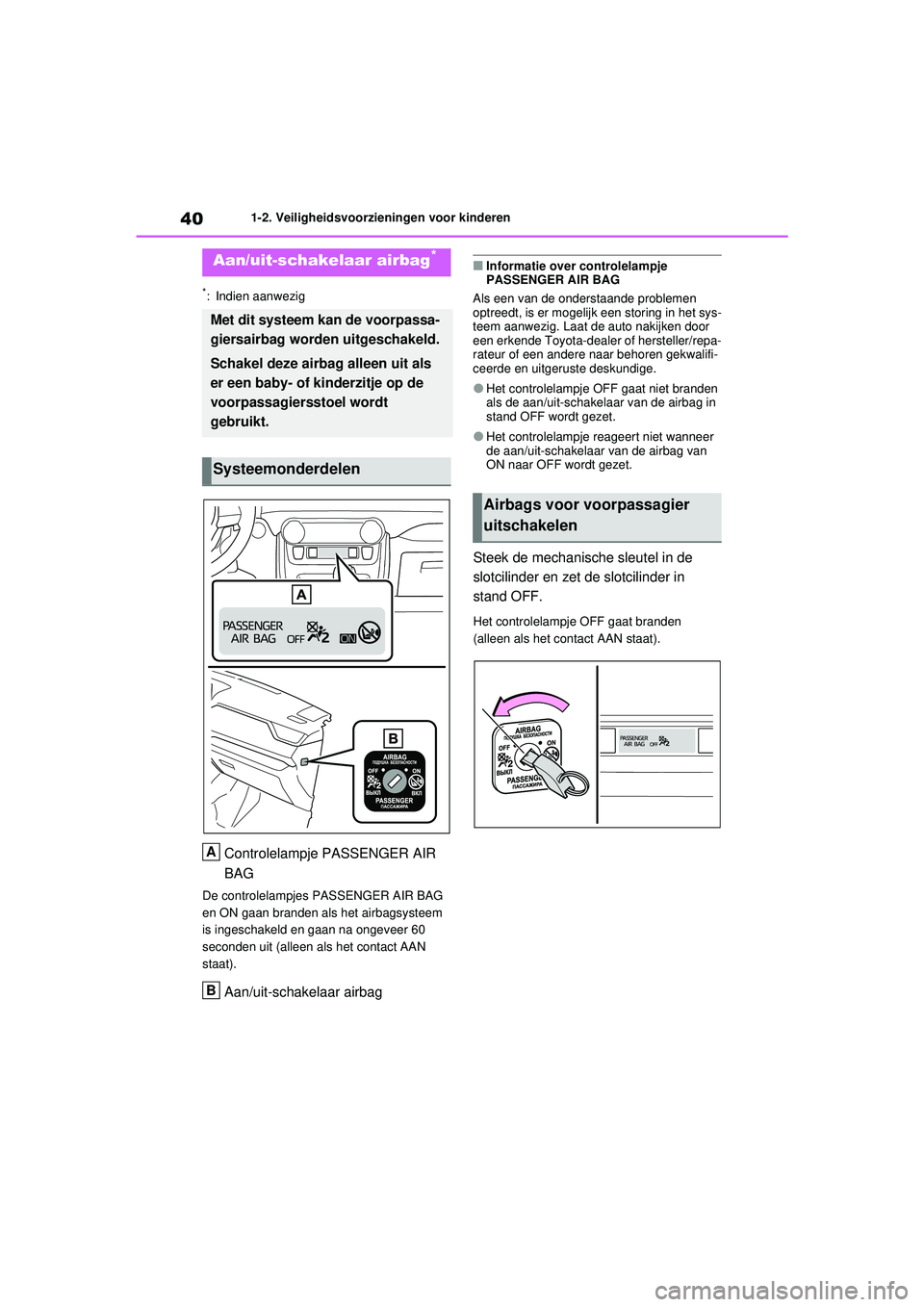 TOYOTA RAV4 2021 Instructieboekje (in Dutch) 401-2. Veiligheidsvoorzieningen voor kinderen
1-2.Veiligheidsvoorzieningen voor kinderen
*: Indien aanwezig
Controlelampje PASSENGER AIR
BAG
De controlelampjes PASSENGER AIR BAG
en ON gaan branden a TOYOTA RAV4 2021 Instructieboekje (in Dutch) 401-2. Veiligheidsvoorzieningen voor kinderen
1-2.Veiligheidsvoorzieningen voor kinderen
*: Indien aanwezig
Controlelampje PASSENGER AIR
BAG
De controlelampjes PASSENGER AIR BAG
en ON gaan branden a