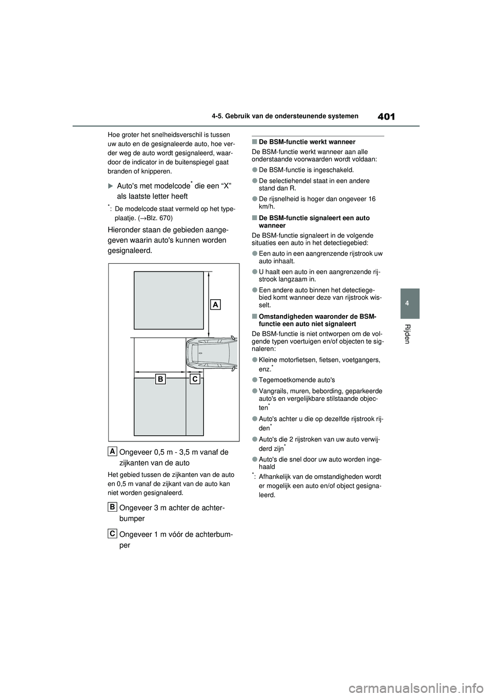 TOYOTA RAV4 2021 Instructieboekje (in Dutch) 401
4
4-5. Gebruik van de ondersteunende systemen
Rijden
Hoe groter het snelheidsverschil is tussen
uw auto en de gesignaleerde auto, hoe ver-
der weg de auto wordt gesignaleerd, waar-
door de indica TOYOTA RAV4 2021 Instructieboekje (in Dutch) 401
4
4-5. Gebruik van de ondersteunende systemen
Rijden
Hoe groter het snelheidsverschil is tussen
uw auto en de gesignaleerde auto, hoe ver-
der weg de auto wordt gesignaleerd, waar-
door de indica