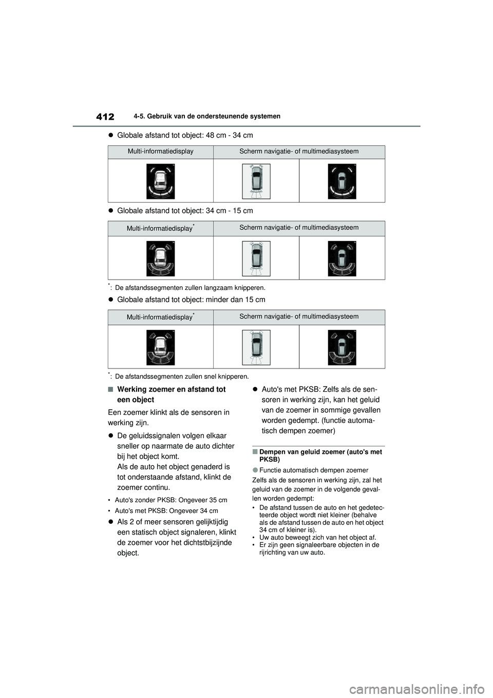 TOYOTA RAV4 2021 Instructieboekje (in Dutch) 4124-5. Gebruik van de ondersteunende systemen
Globale afstand tot ob ject: 48 cm - 34 cm
Globale afstand tot ob ject: 34 cm - 15 cm
*: De afstandssegmenten zullen langzaam knipperen.
Global TOYOTA RAV4 2021 Instructieboekje (in Dutch) 4124-5. Gebruik van de ondersteunende systemen
Globale afstand tot ob ject: 48 cm - 34 cm
Globale afstand tot ob ject: 34 cm - 15 cm
*: De afstandssegmenten zullen langzaam knipperen.
Global