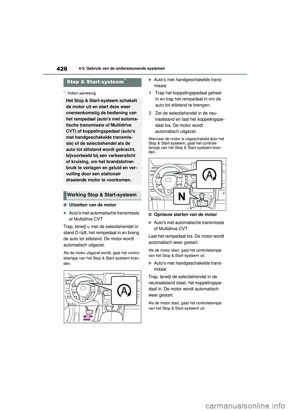 TOYOTA RAV4 2021  Instructieboekje (in Dutch) 4284-5. Gebruik van de ondersteunende systemen
*: Indien aanwezig
■Uitzetten van de motor
Autos met automatische transmissie 
of Multidrive CVT
Trap, terwijl u met de selectiehendel in 
stand D 