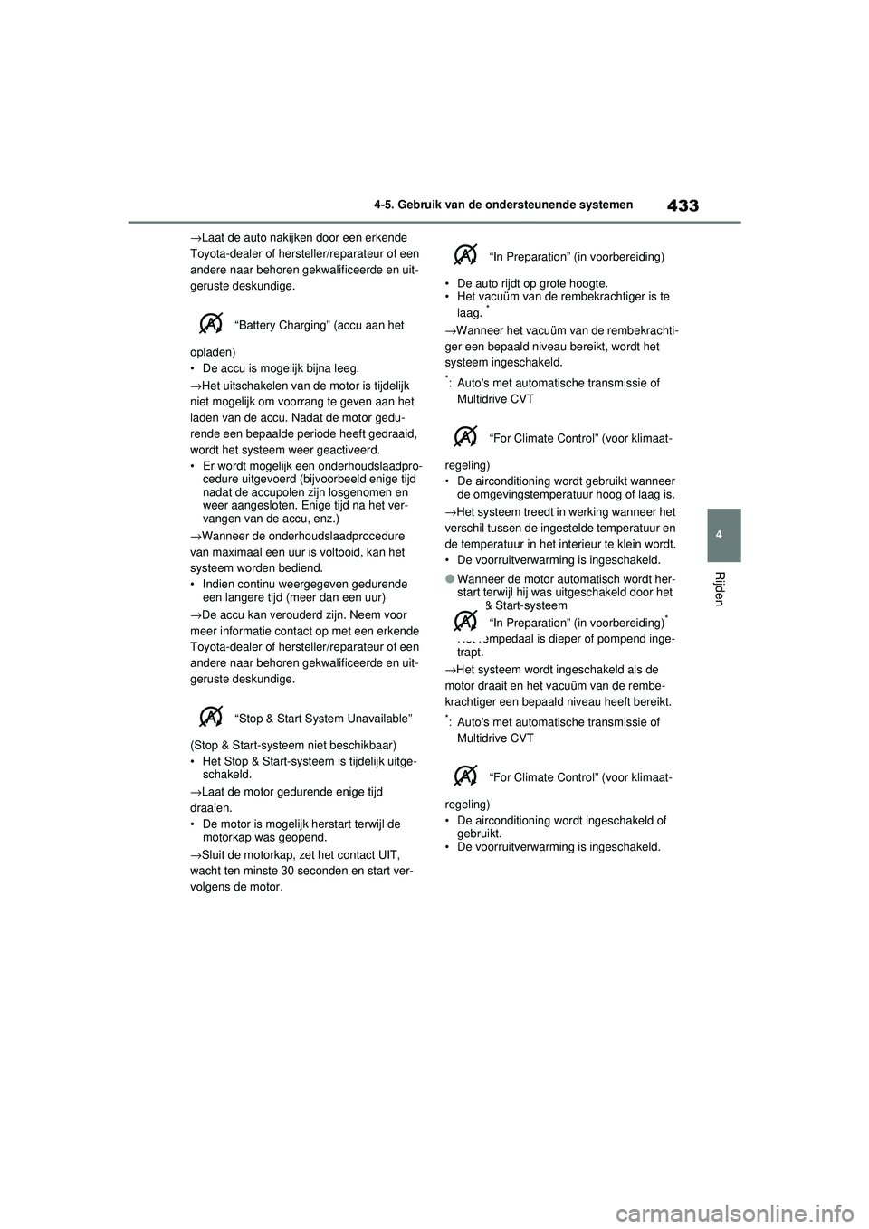 TOYOTA RAV4 2021 Instructieboekje (in Dutch) 433
4
4-5. Gebruik van de ondersteunende systemen
Rijden
→
Laat de auto nakijken door een erkende
Toyota-dealer of hersteller/reparateur of een
andere naar behoren gekwalificeerde en uit-
geruste TOYOTA RAV4 2021 Instructieboekje (in Dutch) 433
4
4-5. Gebruik van de ondersteunende systemen
Rijden
→
Laat de auto nakijken door een erkende
Toyota-dealer of hersteller/reparateur of een
andere naar behoren gekwalificeerde en uit-
geruste
