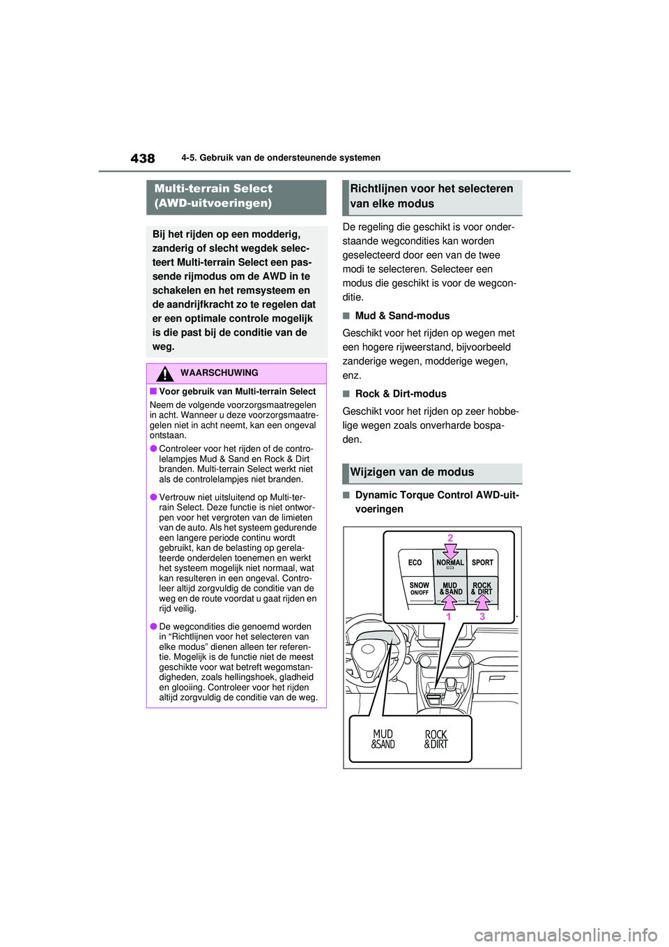TOYOTA RAV4 2021 Instructieboekje (in Dutch) 4384-5. Gebruik van de ondersteunende systemen
De regeling die geschikt is voor onder-
staande wegcondities kan worden
geselecteerd door een van de twee
modi te selecteren. Selecteer een
modus die TOYOTA RAV4 2021 Instructieboekje (in Dutch) 4384-5. Gebruik van de ondersteunende systemen
De regeling die geschikt is voor onder-
staande wegcondities kan worden
geselecteerd door een van de twee
modi te selecteren. Selecteer een
modus die